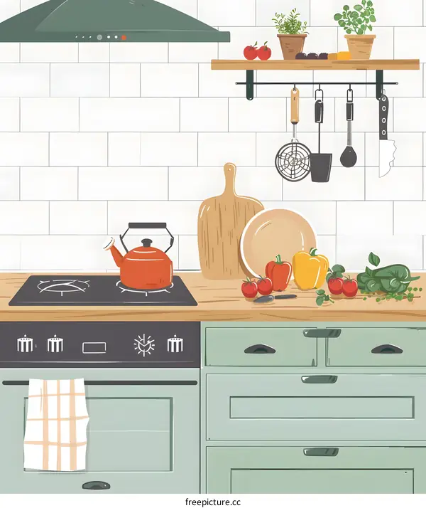 Kitchen Interior Illustration with Stove, Counter, and Kitchenware
