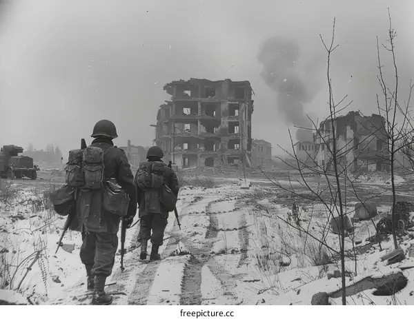 Two American soldiers walking through a destroyed city during World War II