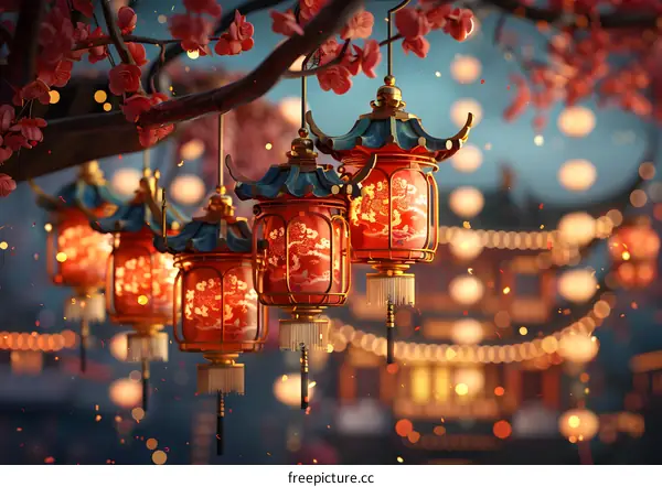 Red lanterns hanging under a cherry blossom tree