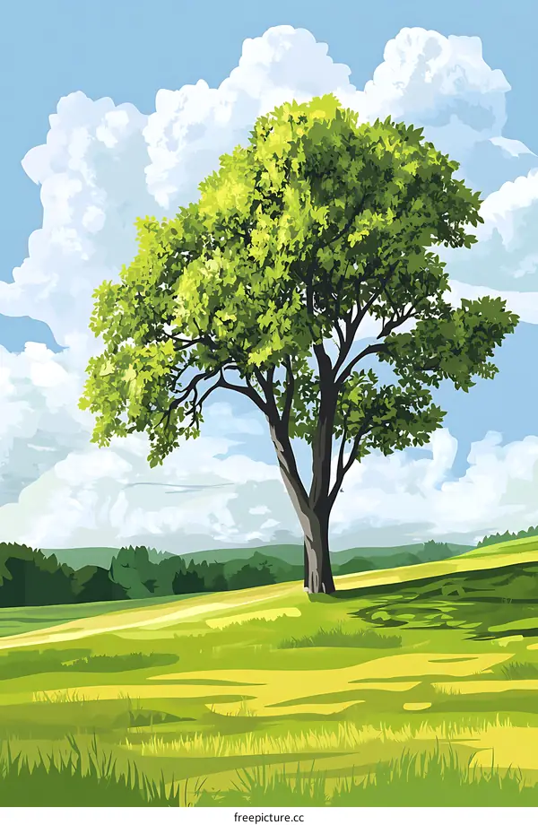 Summer Landscape Illustration with Green Tree and Blue Sky