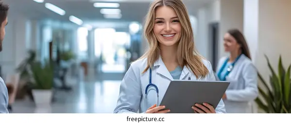 Female Doctor in a White Coat Holding a Tablet