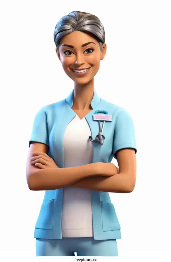 A smiling female nurse with brown hair wearing a blue uniform and a stethoscope around her neck