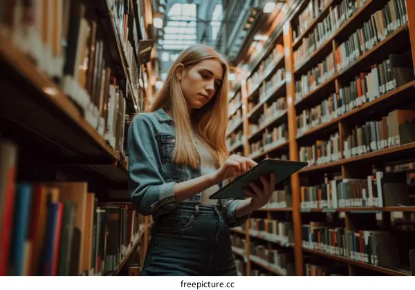 Young woman in a library using a tablet