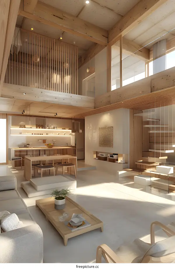 Modern Minimalist Open Concept Living Room Interior Design with Wooden Beams and Stairs