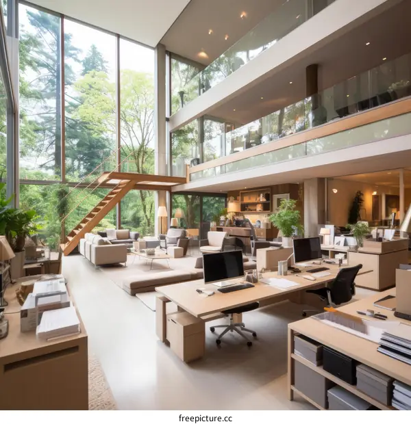 Minimalist Modern Office Interior with Large Windows