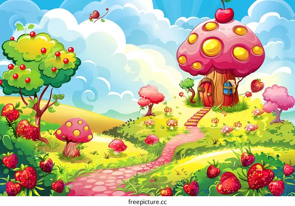 Cute Cartoon Mushroom House in a Fantasy Landscape
