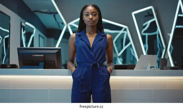 Stylish African American Woman at Modern Reception Desk