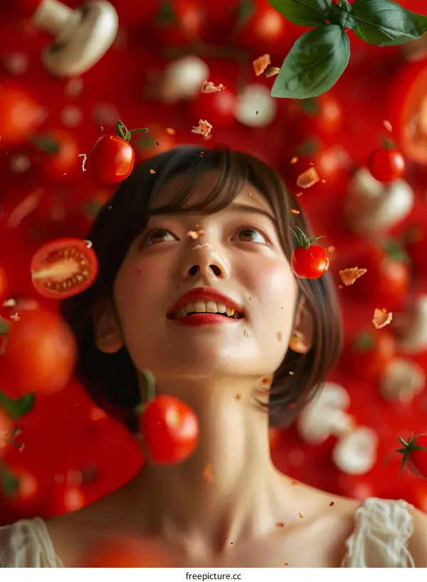 A young woman surrounded by flying cherry tomatoes, basil, and mushrooms