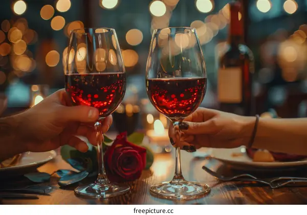 A romantic dinner for two with wine and a rose