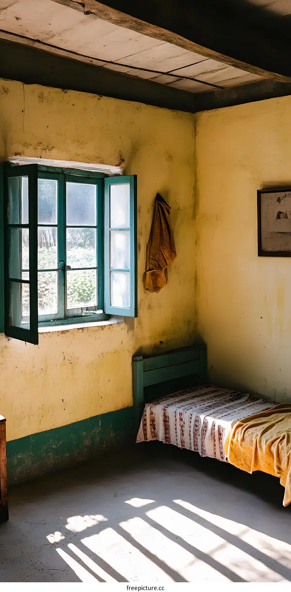 Simple Rural Bedroom with a Wooden Beam Ceiling