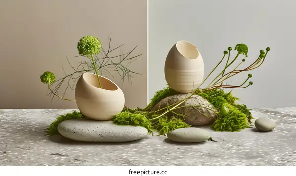 Wooden Egg Shaped Vases with Green Plants on Stones