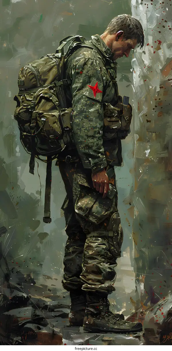 A soldier with a backpack stands against a wall