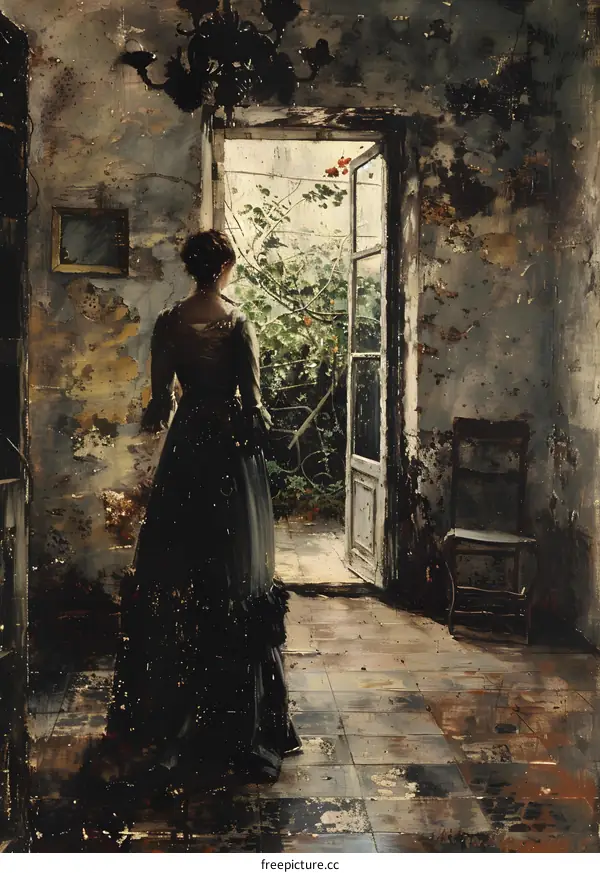 Woman in a Dark Dress Standing in a Room Looking out an Open Door