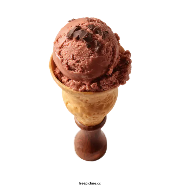 [Transparent Background PNG]Chocolate Ice Cream in Waffle Cone with Wooden Stand