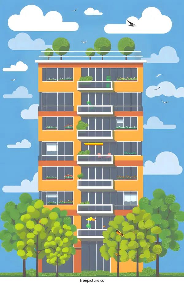Modern Apartment Building With Rooftop Garden Illustration