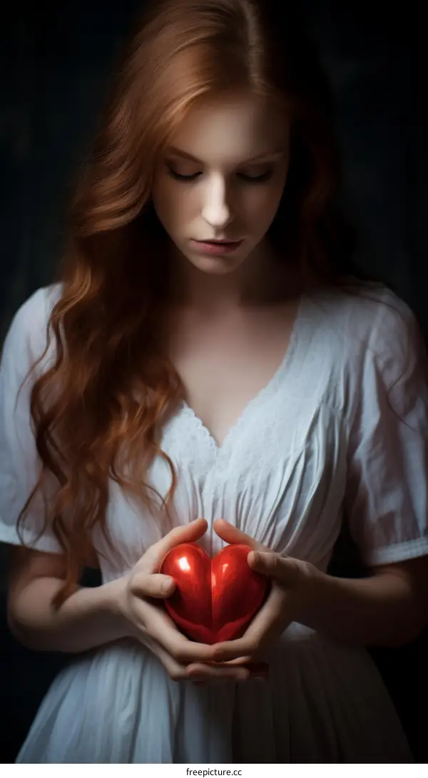 Red Heart Love Portrait: Young Woman with Long Hair