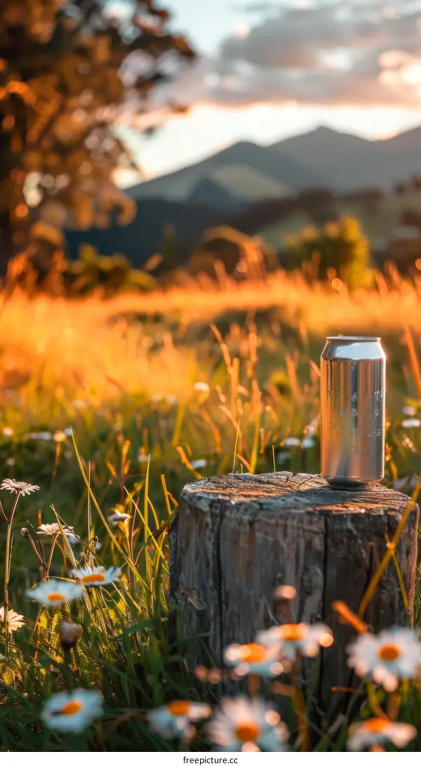Beer can on a tree stump in a field of flowers with a mountain in the distance