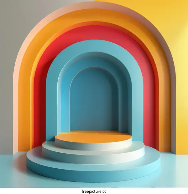 3D Rendering of Vibrant Blue and Yellow Podium with Rainbow Background