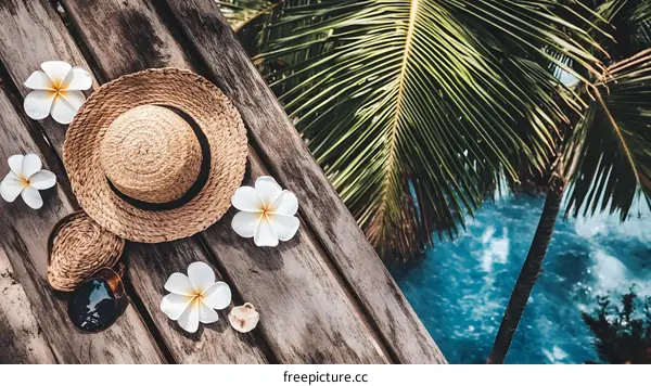 Summer Vacation Straw Hat Palm Tree and Flowers on Wooden Background