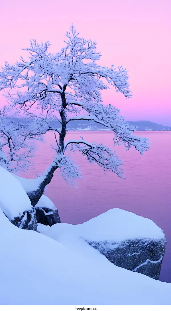 Snowy Tree on a Pink Lake