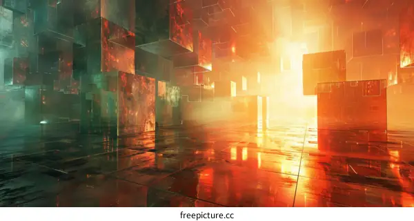 Futuristic Sci-Fi Corridor with Glowing Cubes and Neon Lights