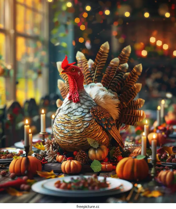 Thanksgiving Table with Roasted Turkey, Pumpkins, and Candles