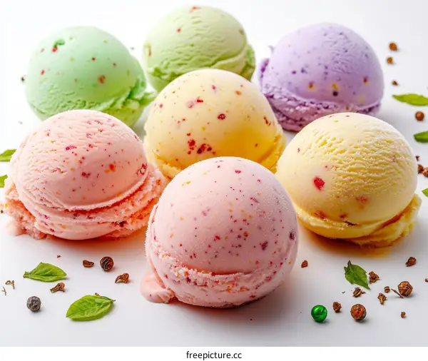 Assorted Ice Cream Scoops on White Background