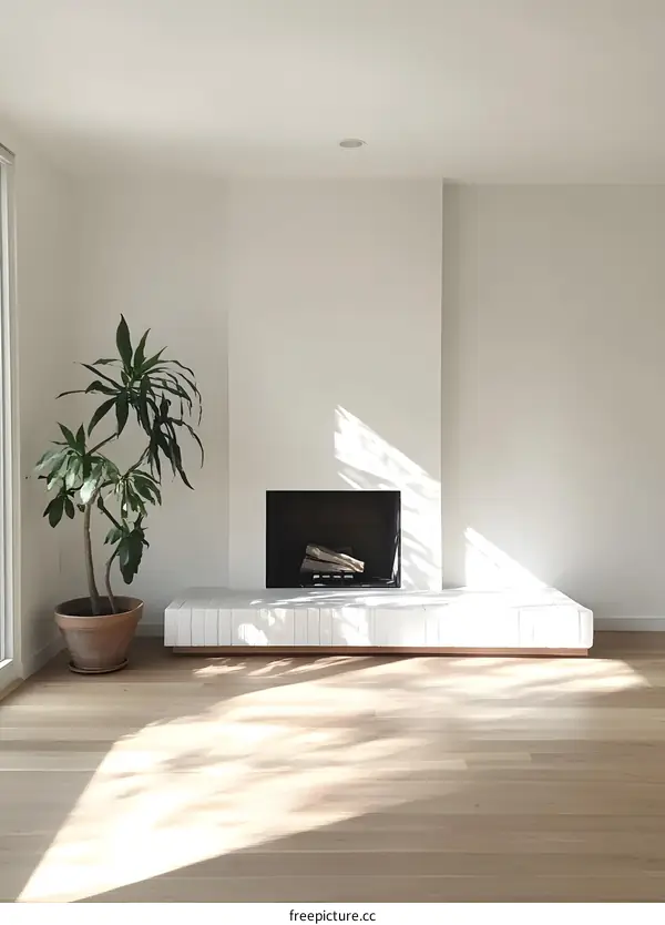 Modern Fireplace with White Mantel and Plant