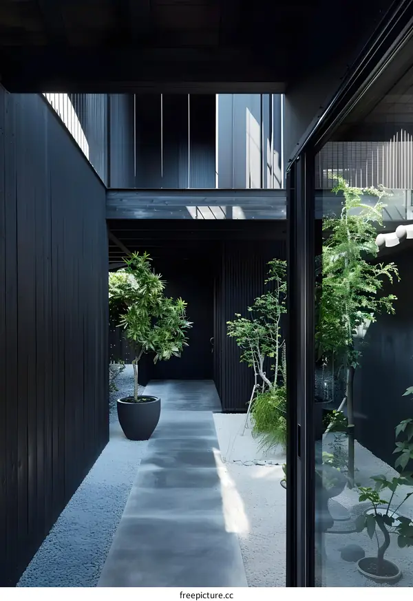 Modern Japanese Courtyard with Black Walls and White Gravel
