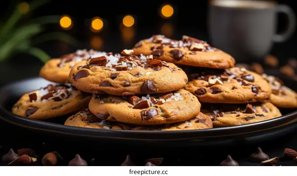Close-up of a plate of chocolate chip cookies