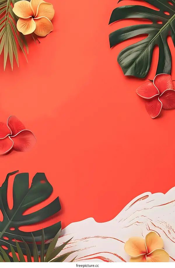 Tropical Floral Background with Orange and Red Flowers and Green Leaves