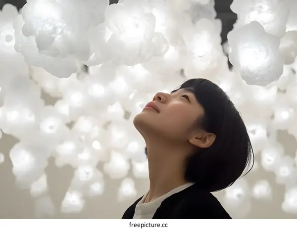 Woman Looking Up at a Ceiling Installation of White Clouds