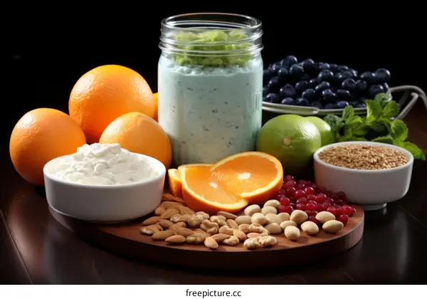 A Collection of Healthy Food Choices: Fruits, Nuts, Seeds, and Yogurt