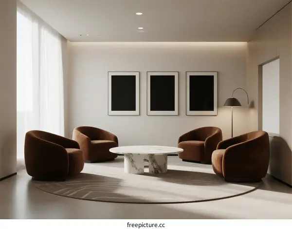 Modern and Elegant Living Room with Curved Armchairs and Marble Coffee Table