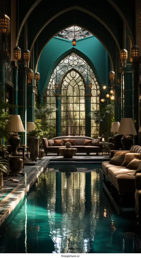 Indoor swimming pool with green walls and arched windows