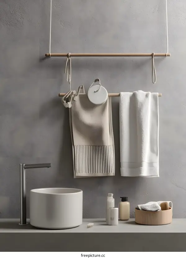 Minimalist Bathroom Interior Design with Round Sink and Towels