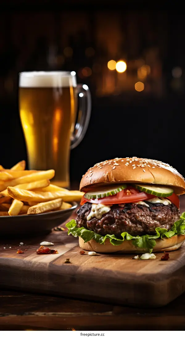 A juicy burger with fries and a beer