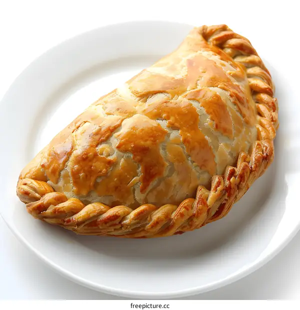 A delicious Cornish pasty on a white plate