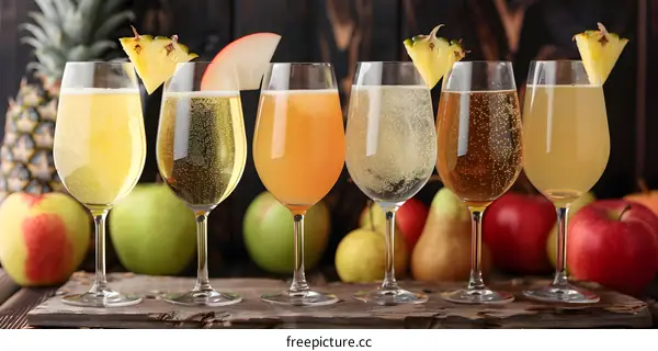 Six Glasses of Sparkling Cider with Fresh Fruit