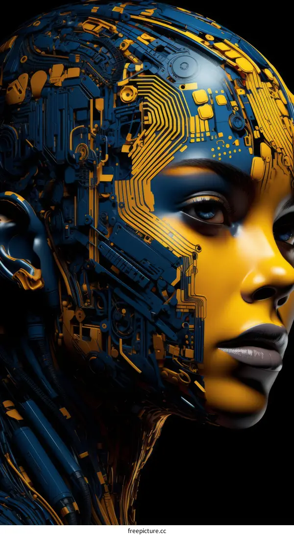 Portrait of a young woman with yellow skin and black and blue cybernetic implants
