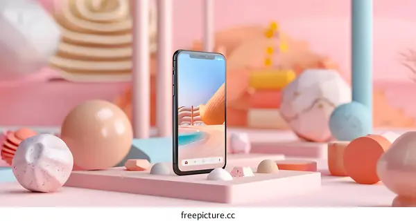 Abstract Phone Mockup With Pink Background And Geometric Shapes