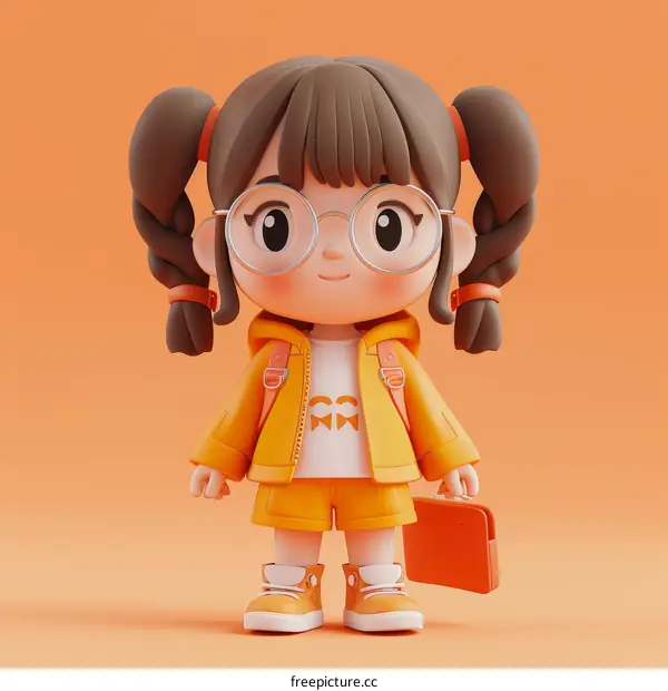 3D illustration of a cute girl wearing glasses and a yellow jacket