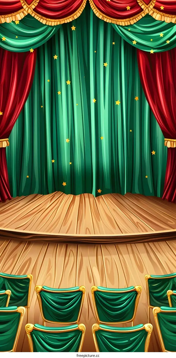 Green Stage Curtains With Golden Stars and Wooden Floor