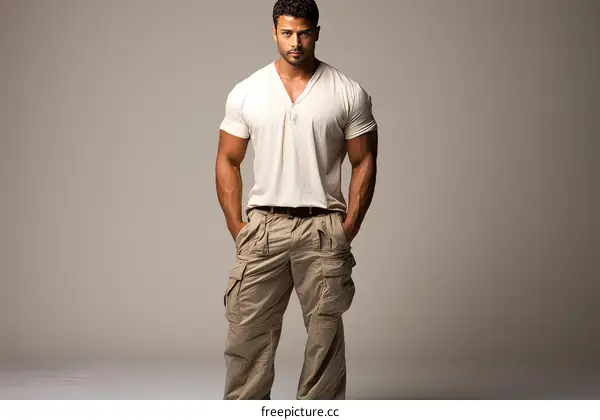 Muscular Man with Hands in Pockets Posing on Gray Background