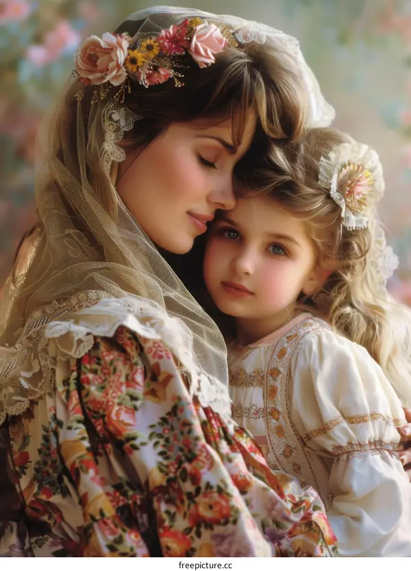 Mother and Daughter Embrace in Floral Dress
