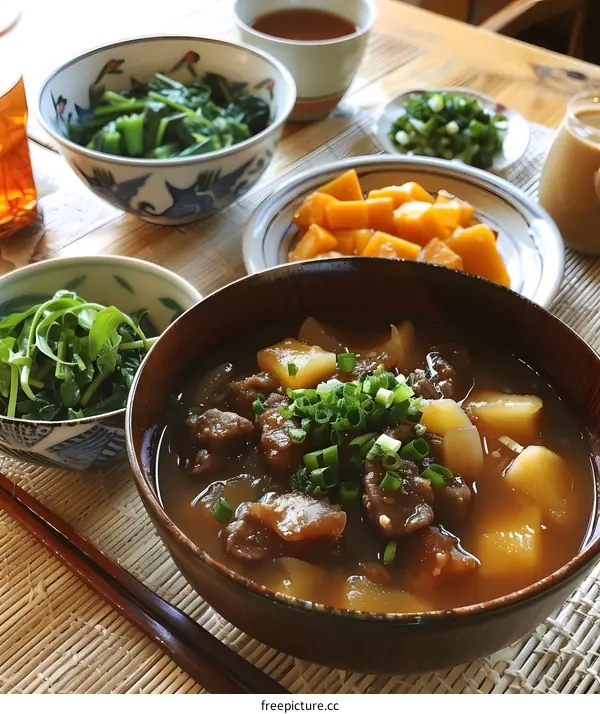 A delicious Japanese dish with beef, potatoes, and vegetables.