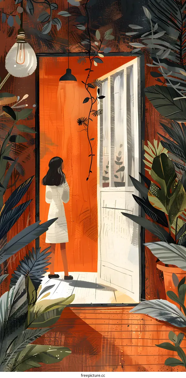 A girl standing in front of a door with plants around her