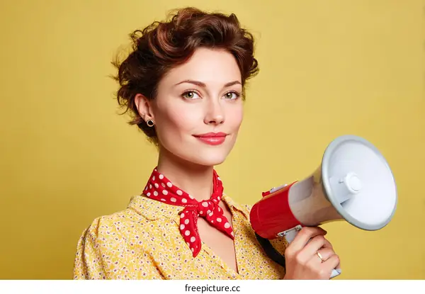 Woman Holding Megaphone Against Yellow Background