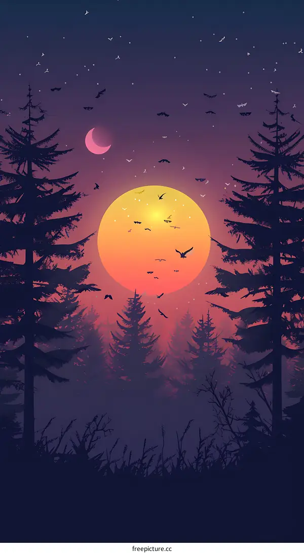 Forest Sunset Silhouette Landscape Illustration With Moon And Stars