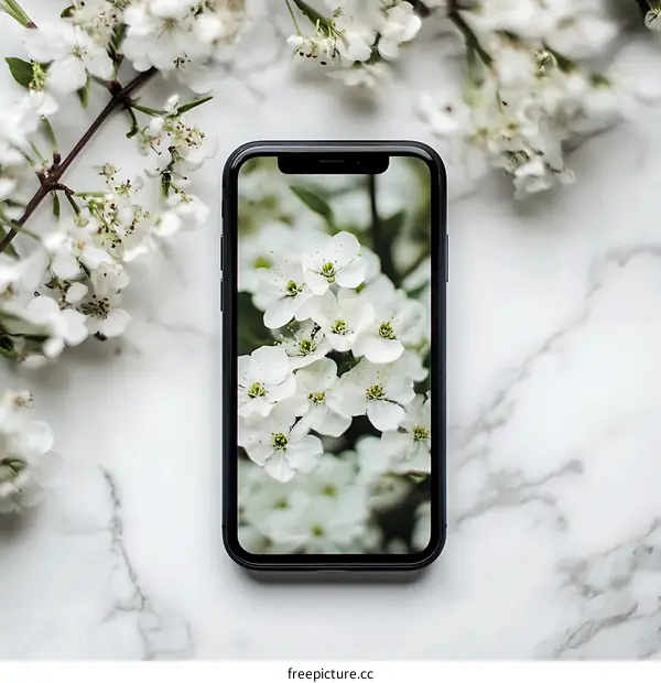 White Flowers on Smartphone Screen with Branch of Flowers